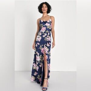 Lulus Love of Romance Navy Floral Print Satin Cowl Neck Maxi Dress